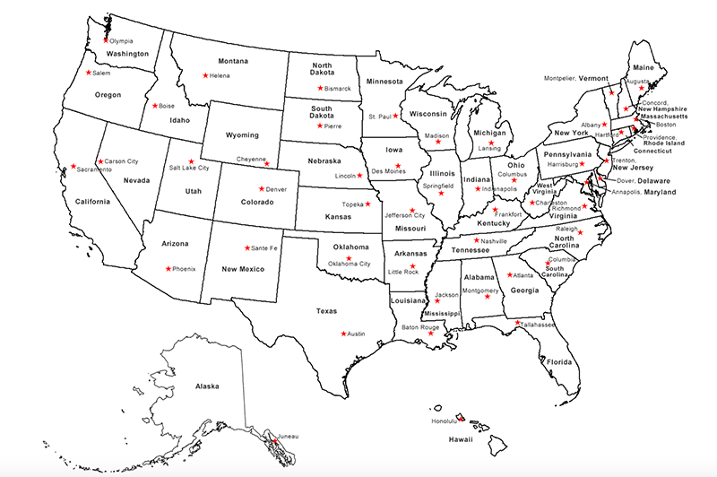 blank southeast states and capitals map